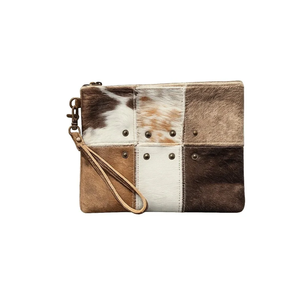 Myra Bag Genuine Hair-on Hide Patchwork Wristlet Clutch Brown White Studded NEW
